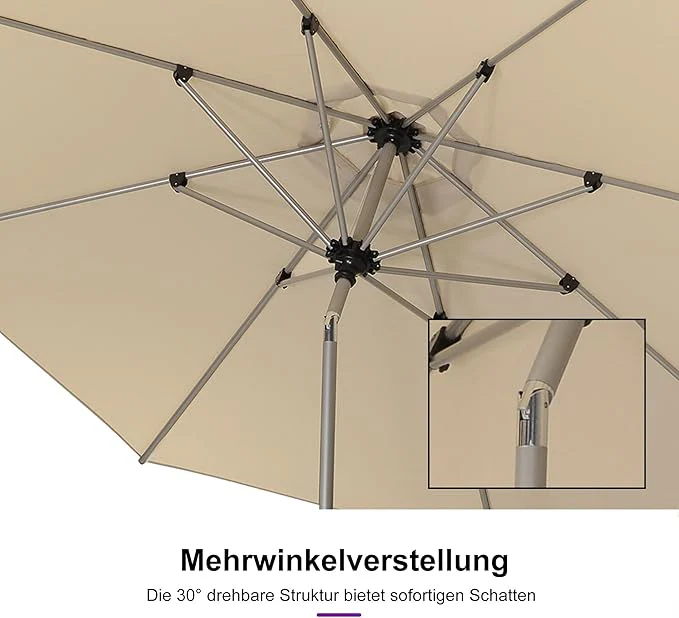 PURPLE LEAF Sonnenschirm Alu Gartenschirm mit Schirmständer, 30° Neigung, Terrassenschirm Tischschirm, Wasserdichter Mittelstockschirm für Garten & Markt