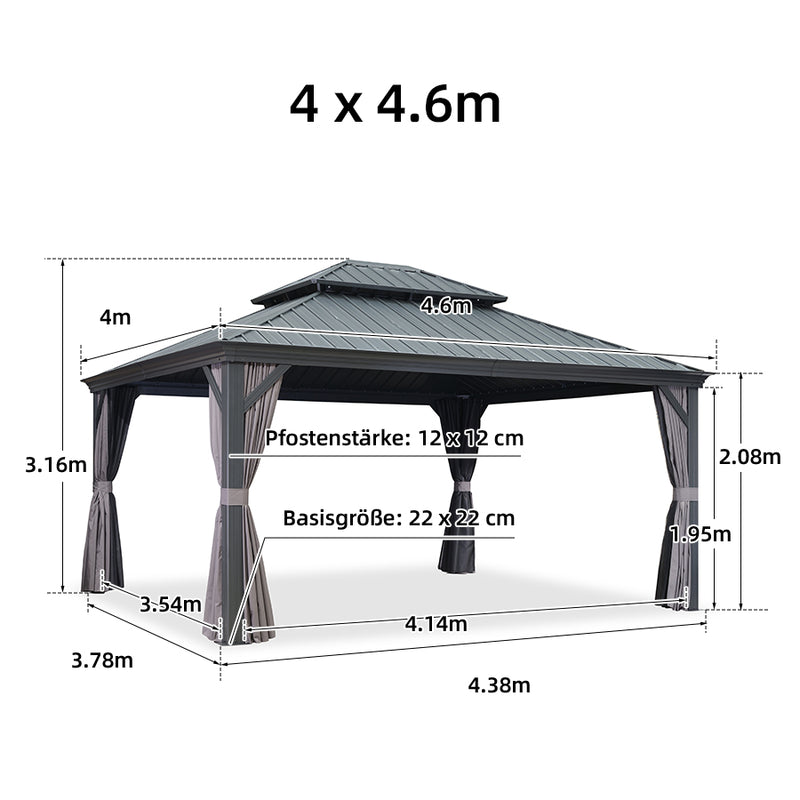 PURPLE LEAF Grau Alu Pavillon Wasserdicht Stabil Winterfest Wetterfest Gartenpavillon mit 4 Doppel Seitenteile Hardtop Pavillon mit Stahldach