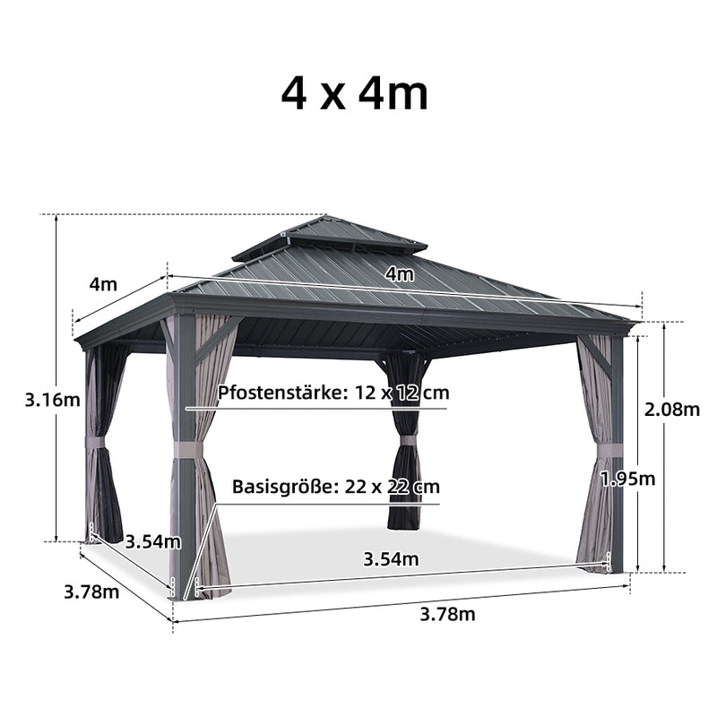 PURPLE LEAF Grau Alu Pavillon Wasserdicht Stabil Winterfest Wetterfest Gartenpavillon mit 4 Doppel Seitenteile Hardtop Pavillon mit Stahldach
