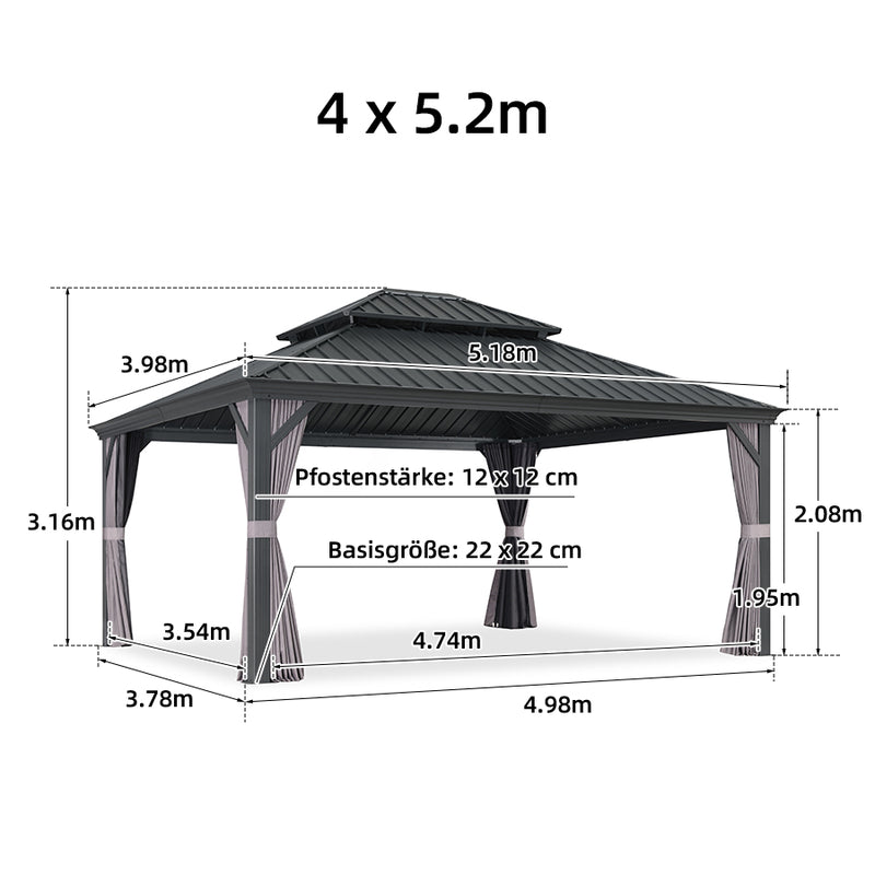 PURPLE LEAF Grau Alu Pavillon Wasserdicht Stabil Winterfest Wetterfest Gartenpavillon mit 4 Doppel Seitenteile Hardtop Pavillon mit Stahldach