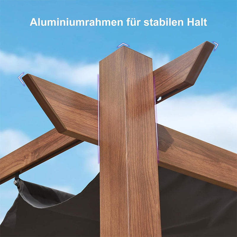 PURPLE LEAF Pergola Metall Holzoptik Garten Pavillon Aluminum Pergola Wasserdicht Sonnendach mit Schiebedach, Gartenpavillon Mit Markisenschutz