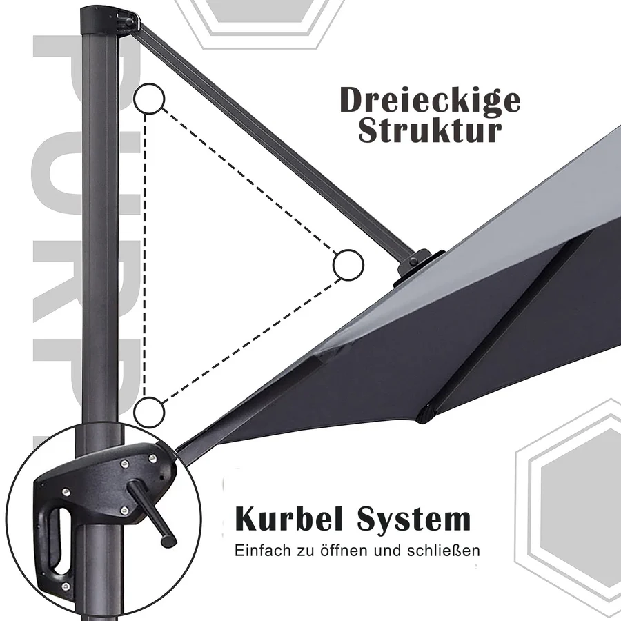 PURPLE LEAF Sonnenschirm Groß Ampelschirm mit Kurbel 360-Grad Drehbar mit Fußpedal für Terrasse, Balkon Sonnenschutz