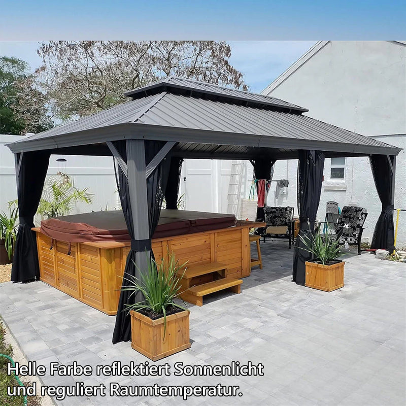 PURPLE LEAF Patio-Pavillon für den Garten Hardtop aus verzinktem Stahl mit verbesserten Vorhängen Arktis Grau