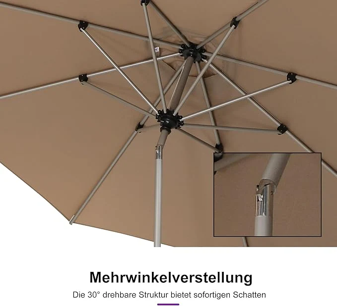 PURPLE LEAF Sonnenschirm Alu Gartenschirm mit Schirmständer, 30° Neigung, Terrassenschirm Tischschirm, Wasserdichter Mittelstockschirm für Garten & Markt
