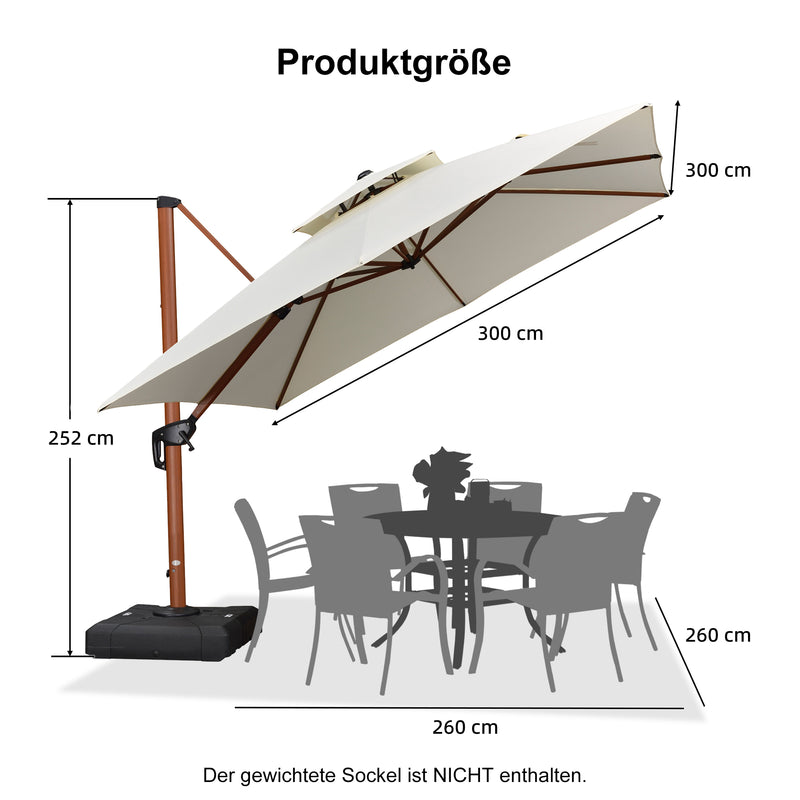 PURPLE LEAF Garten Sonnenschirm, quadratischer Alu Holzoptik Ampelschirm Überhang mit Kurbelgriff und Neigung für Balkon