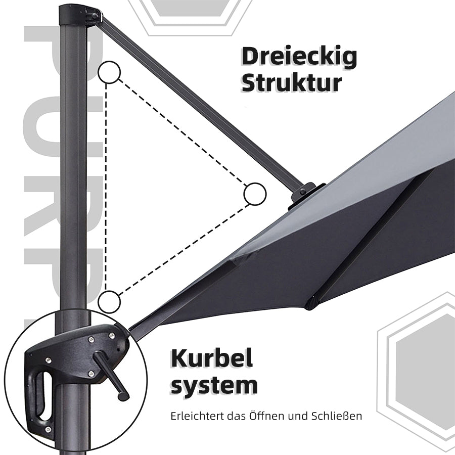 PURPLE LEAF Sonnenschirm Groß Ampelschirm mit Kurbel 360-Grad Drehbar mit Fußpedal für Terrasse, Balkon Sonnenschutz