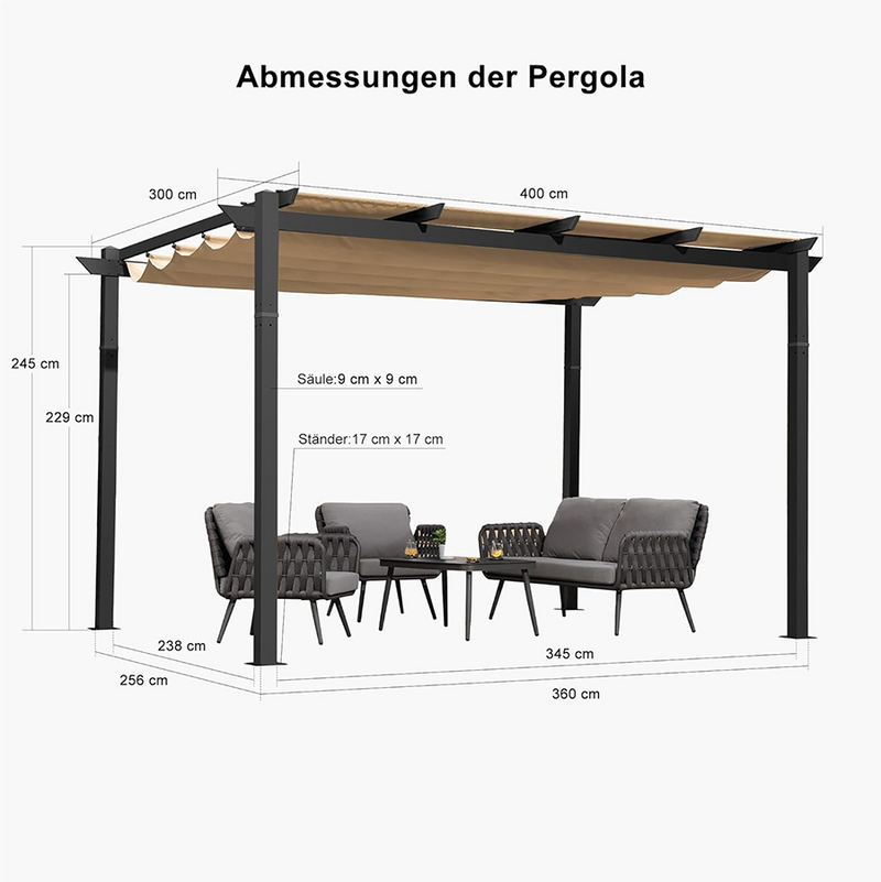 PURPLE LEAF Pergola Aluminium Einziehbare für den Außenbereich mit Sonnenschutzdach, Terrasse, Unterstand für Hinterhof, Metallgrill-Pavillon-PRG