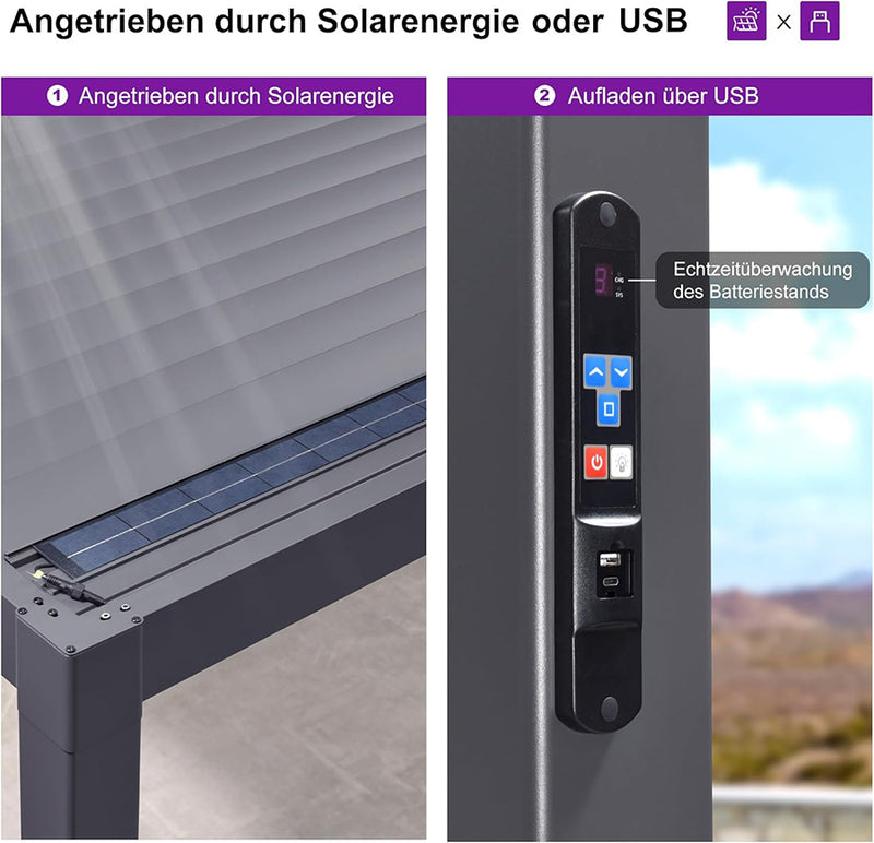 PURPLE LEAF Lamellen Pergola Lamellendach mit LED-Lichtleiste für Garten Terrasse, Grau