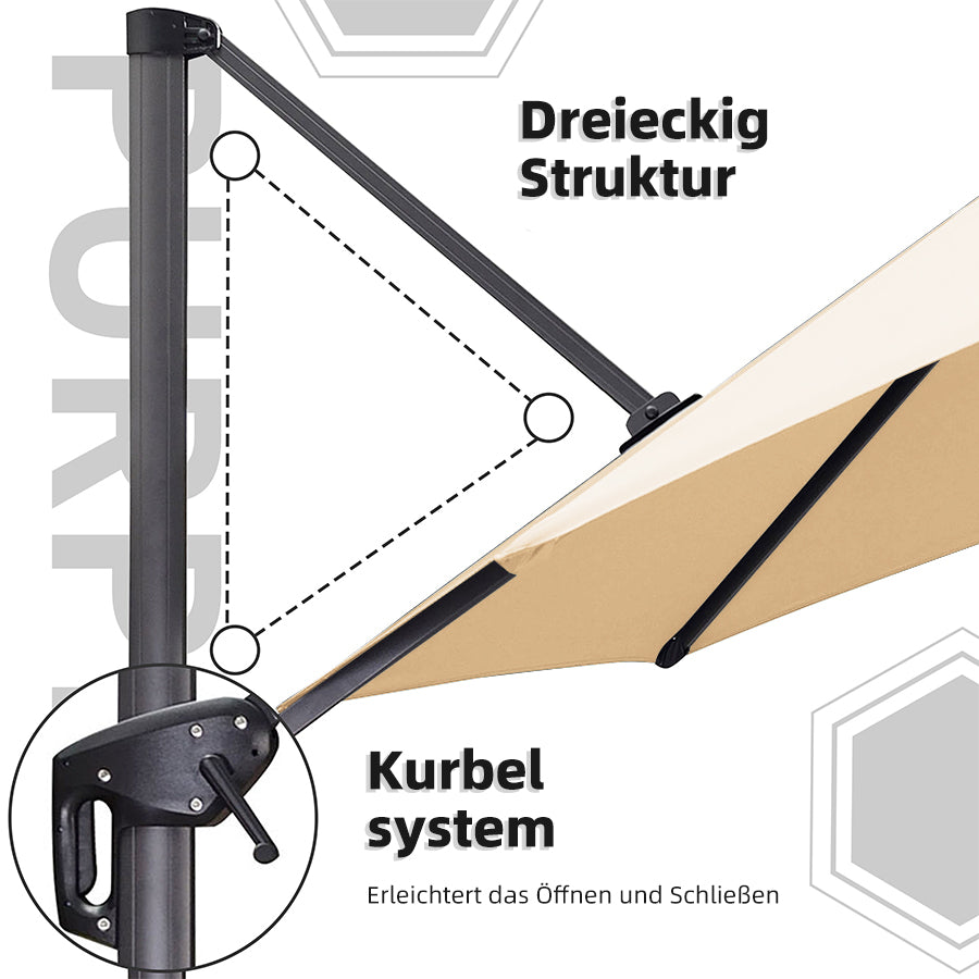 PURPLE LEAF Sonnenschirm Groß Ampelschirm mit Kurbel 360-Grad Drehbar mit Fußpedal für Terrasse, Balkon Sonnenschutz