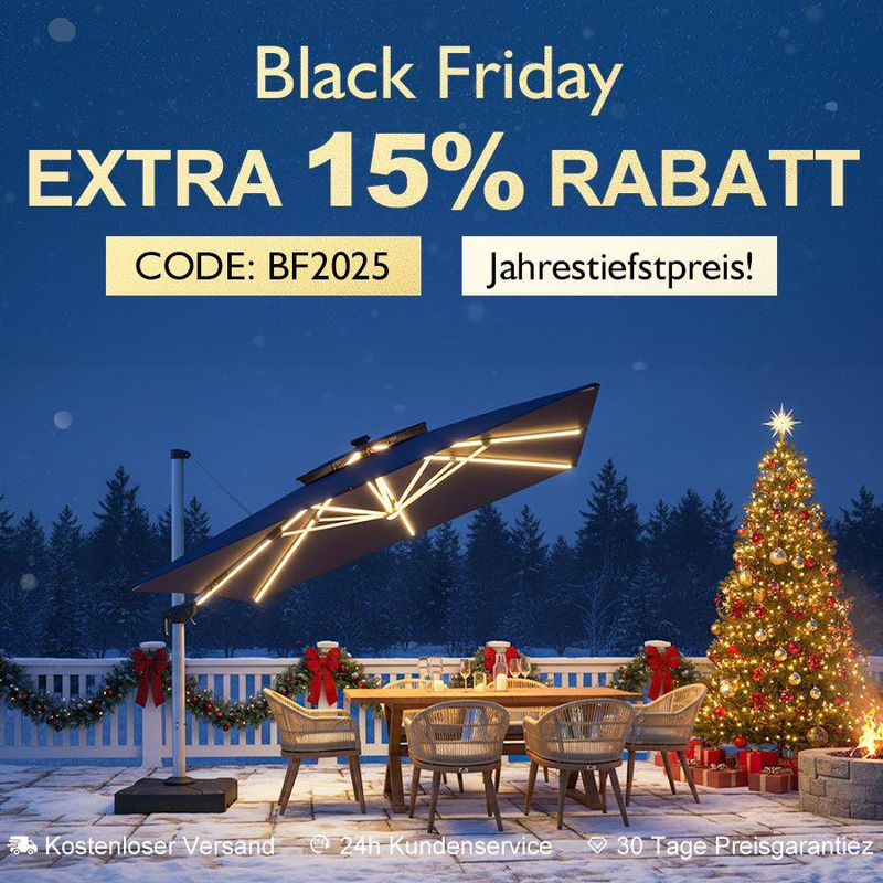 PURPLE LEAF Runder Sonnenschirm aus Aluminium in Holzfarbe mit Schirmständer