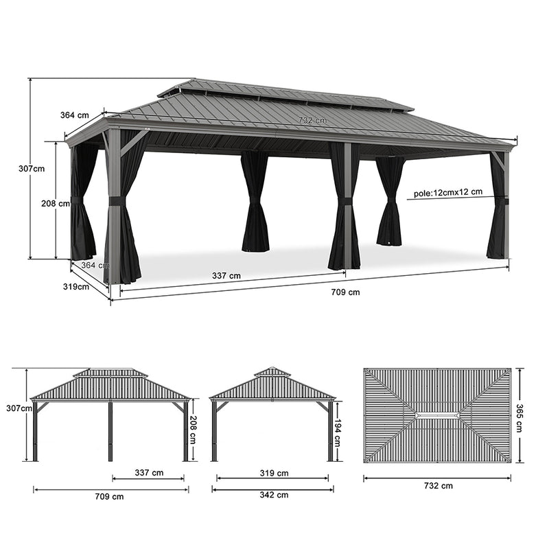 PURPLE LEAF Patio-Pavillon für den Garten | Hardtop aus verzinktem Stahl mit verbesserten Vorhängen | Hellgrau