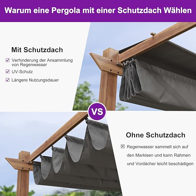 PURPLE LEAF Pergola Metall Holzoptik Garten Pavillon Aluminum Pergola Wasserdicht Sonnendach mit Schiebedach, Gartenpavillon Mit Markisenschutz