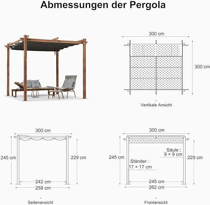 PURPLE LEAF Pergola Metall Holzoptik Garten Pavillon Aluminum Pergola Wasserdicht Sonnendach mit Schiebedach, Gartenpavillon Mit Markisenschutz