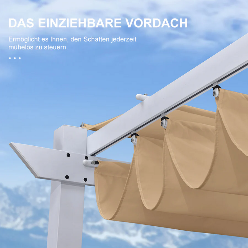 PURPLE LEAF Ausziehbare Outdoor Pergola mit Doppel-Sonnensege & Seitenschutzvorhängen  Weiße Aluminium-Pergola  Moderne Terrassen-Markise für Garten Hof&Terrasse kaki