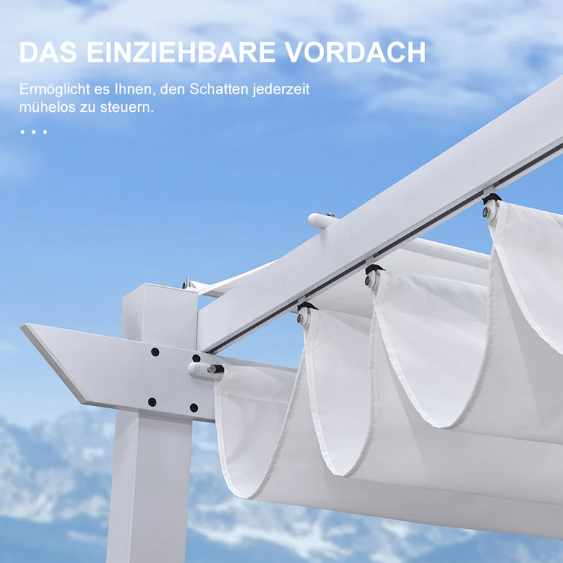 PURPLE LEAF Ausziehbare Outdoor Pergola mit Doppel-Sonnensege & Seitenschutzvorhängen  Weiße Aluminium-Pergola  Moderne Terrassen-Markise für Garten Hof&Terrasse kaki