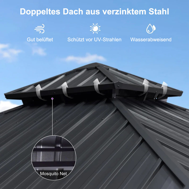 PURPLE LEAF Graues Hardtop-Pavillon mit strapazierfähigem verzinktem Stahl-Dach in Doppeldach-Ausführung mit Netz und Vorhängen