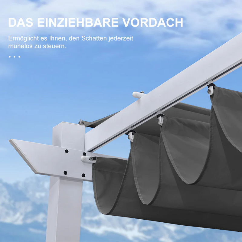 PURPLE LEAF Ausziehbare Outdoor Pergola mit Doppel-Sonnensege & Seitenschutzvorhängen  Weiße Aluminium-Pergola  Moderne Terrassen-Markise für Garten Hof&Terrasse kaki