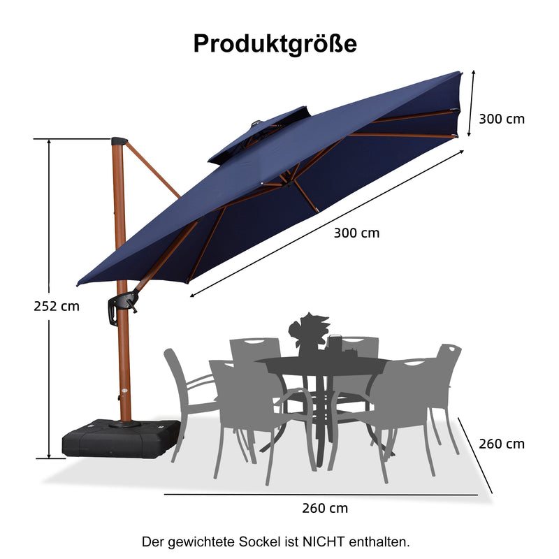 PURPLE LEAF Garten Sonnenschirm, quadratischer Alu Holzoptik Ampelschirm Überhang mit Kurbelgriff und Neigung für Balkon