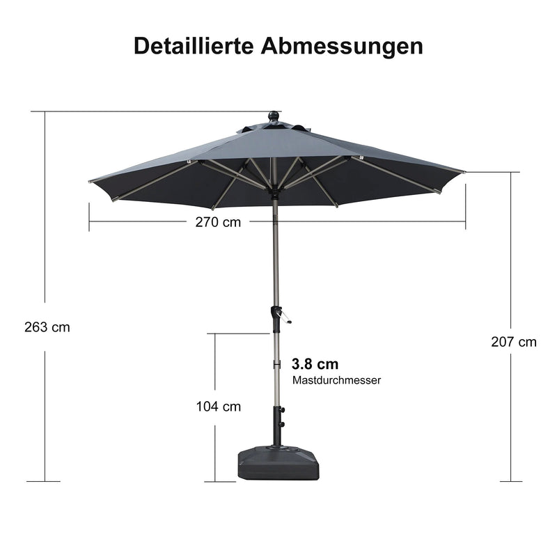 PURPLE LEAF Sonnenschirm Alu Gartenschirm mit Schirmständer, 30° Neigung, Terrassenschirm Tischschirm, Wasserdichter Mittelstockschirm für Garten & Markt