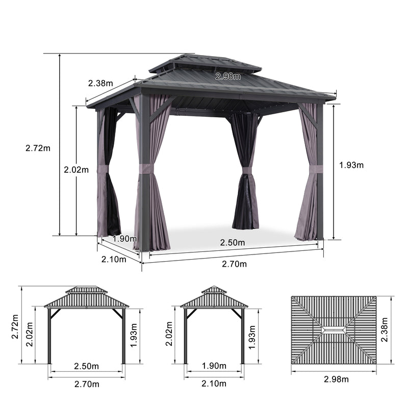 PURPLE LEAF Graues Hardtop-Pavillon mit strapazierfähigem verzinktem Stahl-Dach in Doppeldach-Ausführung mit Netz und Vorhängen