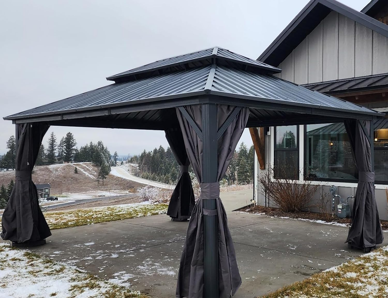 PURPLE LEAF Graues Hardtop-Pavillon mit strapazierfähigem verzinktem Stahl-Dach in Doppeldach-Ausführung mit Netz und Vorhängen
