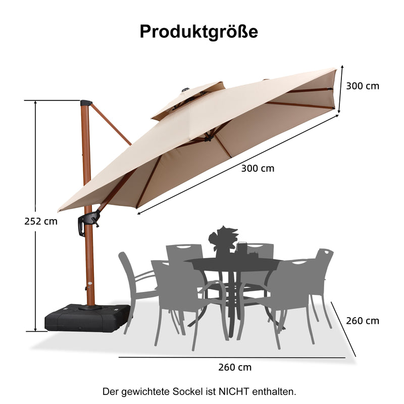 PURPLE LEAF Garten Sonnenschirm, quadratischer Alu Holzoptik Ampelschirm Überhang mit Kurbelgriff und Neigung für Balkon