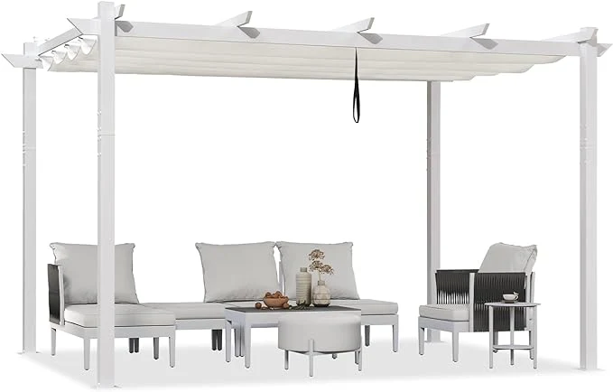 PURPLE LEAF Ausziehbare Outdoor Pergola mit Doppel-Sonnensege & Seitenschutzvorhängen  Weiße Aluminium-Pergola  Moderne Terrassen-Markise für Garten Hof&Terrasse kaki