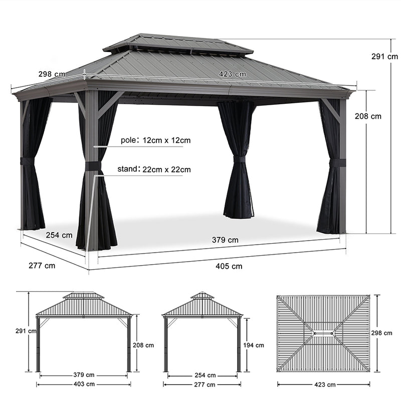 PURPLE LEAF Patio-Pavillon für den Garten | Hardtop aus verzinktem Stahl mit verbesserten Vorhängen | Hellgrau