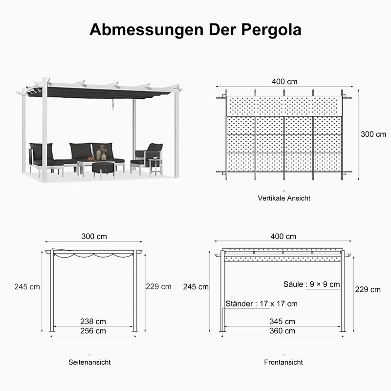 PURPLE LEAF Ausziehbare Outdoor Pergola mit Doppel-Sonnensege & Seitenschutzvorhängen  Weiße Aluminium-Pergola  Moderne Terrassen-Markise für Garten Hof&Terrasse kaki