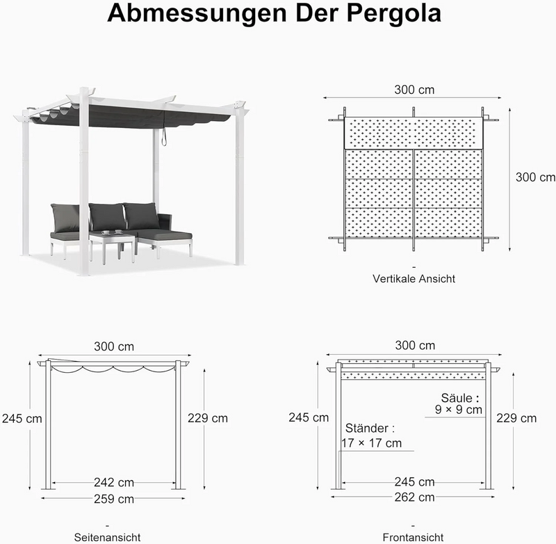 PURPLE LEAF Ausziehbare Outdoor Pergola mit Doppel-Sonnensege & Seitenschutzvorhängen  Weiße Aluminium-Pergola  Moderne Terrassen-Markise für Garten Hof&Terrasse kaki