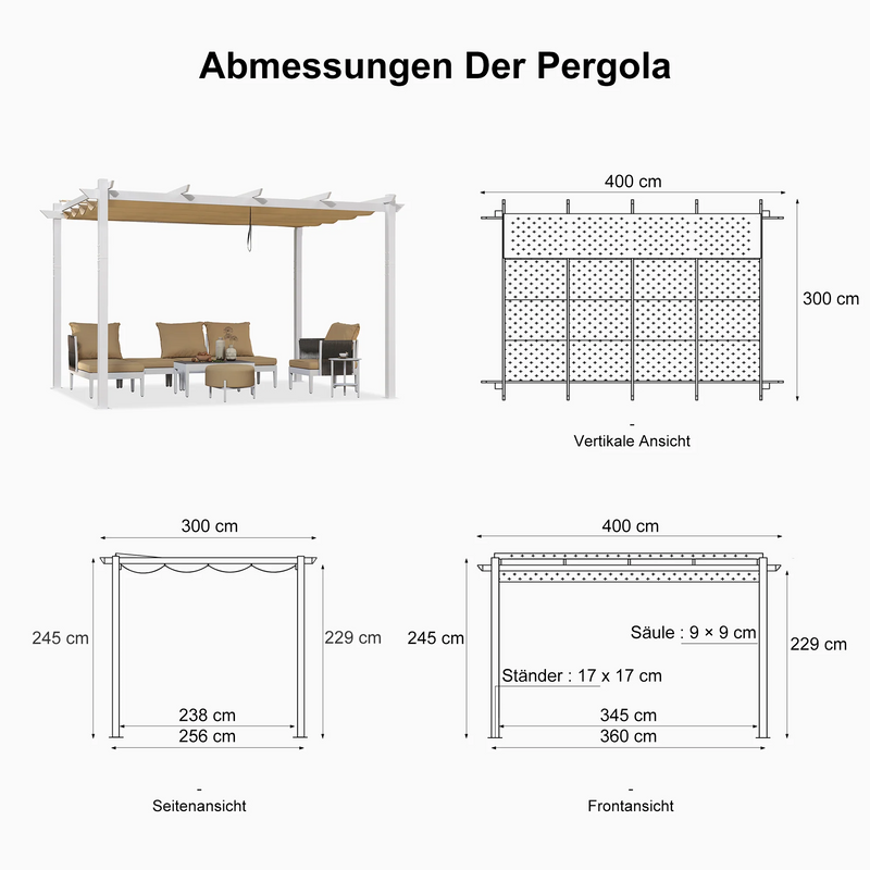 PURPLE LEAF Ausziehbare Outdoor Pergola mit Doppel-Sonnensege & Seitenschutzvorhängen  Weiße Aluminium-Pergola  Moderne Terrassen-Markise für Garten Hof&Terrasse kaki