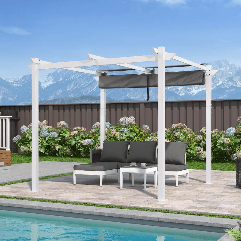 PURPLE LEAF Ausziehbare Outdoor Pergola mit Doppel-Sonnensege & Seitenschutzvorhängen  Weiße Aluminium-Pergola  Moderne Terrassen-Markise für Garten Hof&Terrasse kaki