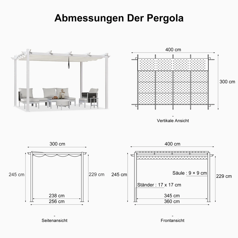 PURPLE LEAF Ausziehbare Outdoor Pergola mit Doppel-Sonnensege & Seitenschutzvorhängen  Weiße Aluminium-Pergola  Moderne Terrassen-Markise für Garten Hof&Terrasse kaki