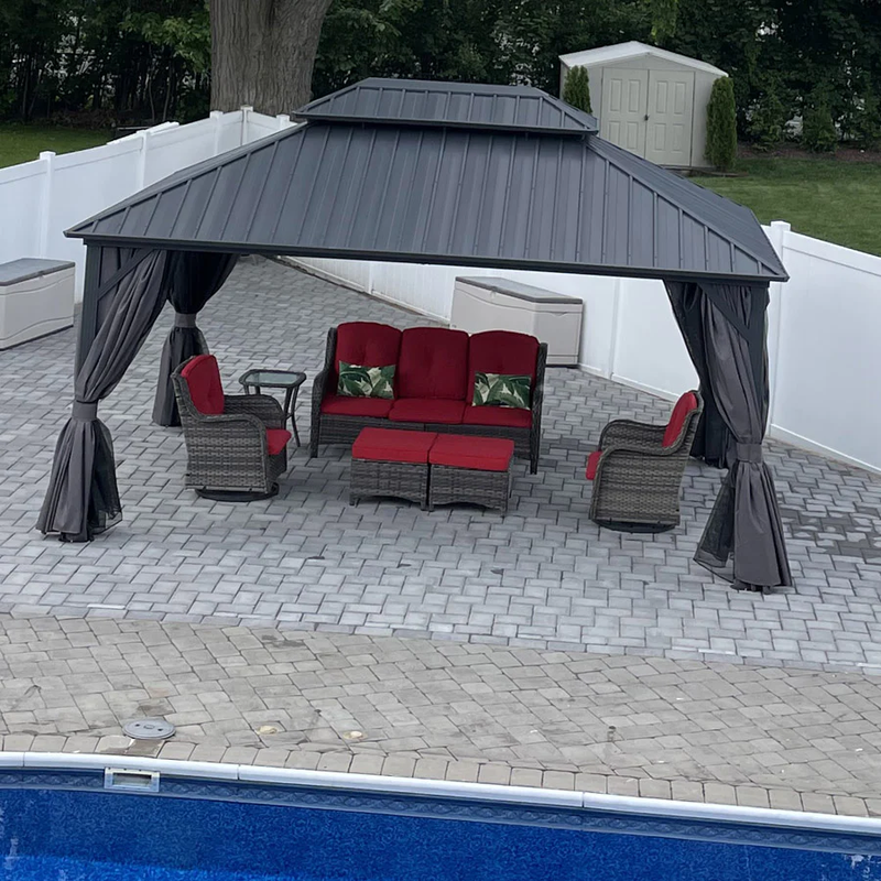 PURPLE LEAF Graues Hardtop-Pavillon mit strapazierfähigem verzinktem Stahl-Dach in Doppeldach-Ausführung mit Netz und Vorhängen
