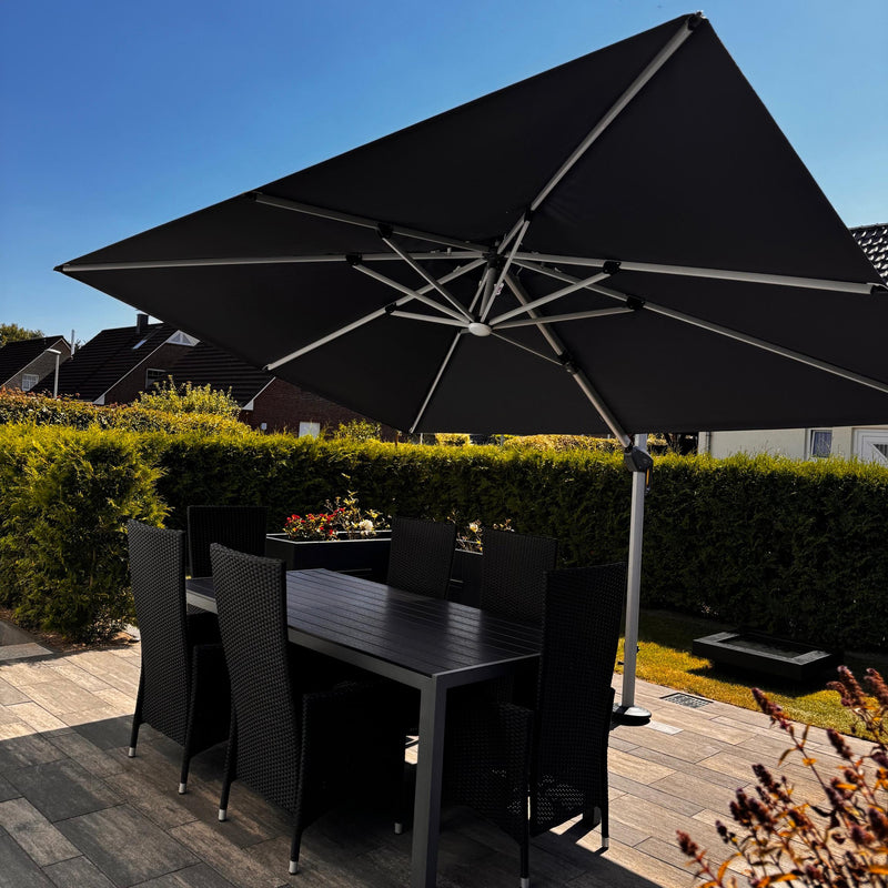 PURPLE LEAF Rechteckiger Doppel Dach Aluminium Großsonnenschirm mit LED und Kurbel, geeignet für den Balkon oder den Garten.