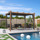 PURPLE LEAF Einziehbare Outdoor-Pergola mit Sonnenschutz-Überdachung, Rahmen in natürlicher Holzoptik und Vorhängen