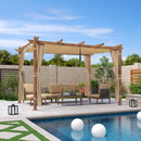 PURPLE LEAF Einziehbare Outdoor-Pergola mit Sonnenschutz-Überdachung, Rahmen in natürlicher Holzoptik und Vorhängen