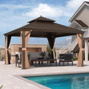 Gartenpavillon 4x4 m Wasserdicht Wetterfest aus Aluminium am Pool, verzinktem Stahldach, Moskitonetz und Vorhängen für Terrasse