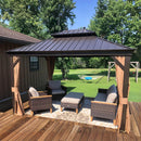 Pavillon 3x4.25 m aus Aluminium mit bronze Rahmen, mit festem dach, Moskitonetz und Vorhängen Terrasse