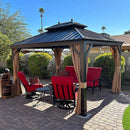 Gartenpavillon 3x3.65 m aus Aluminium mit bronze Rahmen, verzinktem Stahldach, Moskitonetz und Vorhängen für Terrasse
