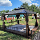 Terrassenpavillon 3.65x4.25 m aus Aluminium mit bronze Rahmen, verzinktem Stahldach, Moskitonetz und Vorhängen für Terrasse