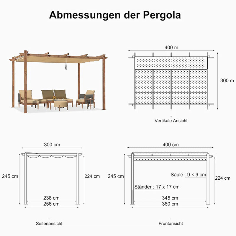 PURPLE LEAF Pergola Metall Holzoptik Garten Pavillon Aluminum Pergola Wasserdicht Sonnendach mit Schiebedach, Gartenpavillon Mit Markisenschutz
