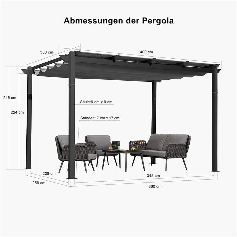 PURPLE LEAF Pergola Aluminium Einziehbare für den Außenbereich mit Sonnenschutzdach, Terrasse, Unterstand für Hinterhof, Metallgrill-Pavillon-PRG