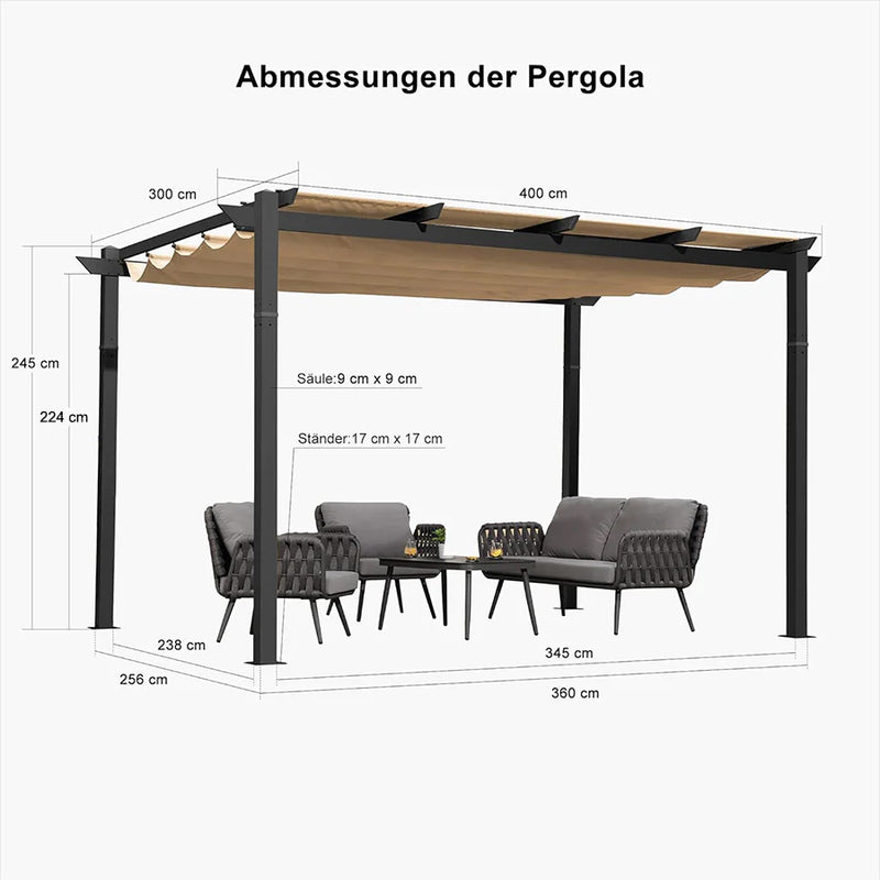 PURPLE LEAF Pergola Aluminium Einziehbare für den Außenbereich mit Sonnenschutzdach, Terrasse, Unterstand für Hinterhof, Metallgrill-Pavillon-PRG