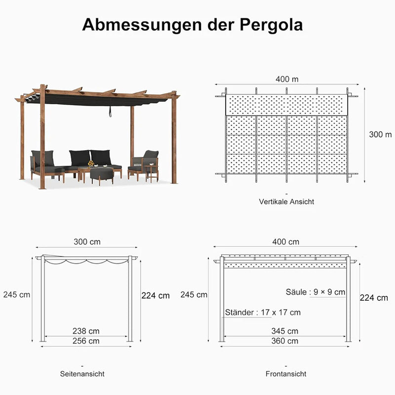 PURPLE LEAF Pergola Metall Holzoptik Garten Pavillon Aluminum Pergola Wasserdicht Sonnendach mit Schiebedach, Gartenpavillon Mit Markisenschutz