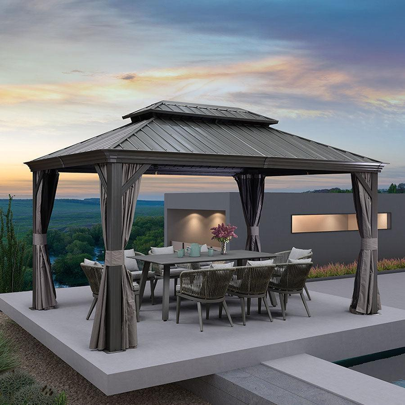 PURPLE LEAF Grau Alu Pavillon Wasserdicht Stabil Winterfest Wetterfest Gartenpavillon mit 4 Doppel Seitenteile Hardtop Pavillon mit Stahldach