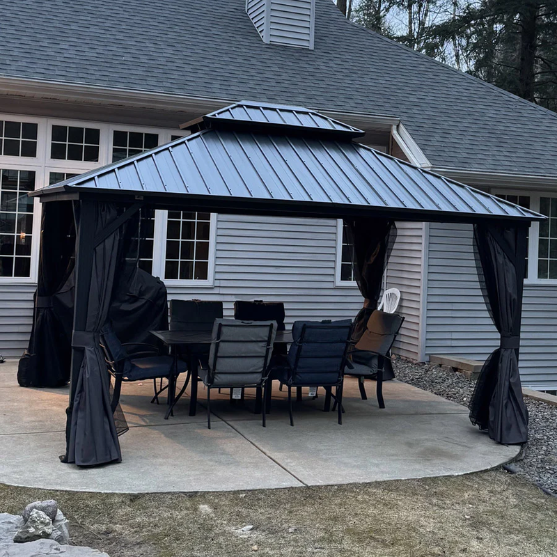 PURPLE LEAF Graues Hardtop-Pavillon mit strapazierfähigem verzinktem Stahl-Dach in Doppeldach-Ausführung mit Netz und Vorhängen