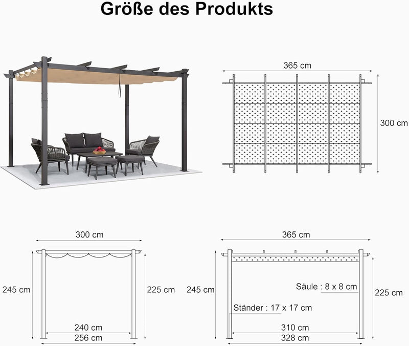 PURPLE LEAF Pergola Metall Garten Pavillon Pergola Wasserdicht Stabil Winterfest, Gartenpavillon Mit Sonnenschutz Überdachung