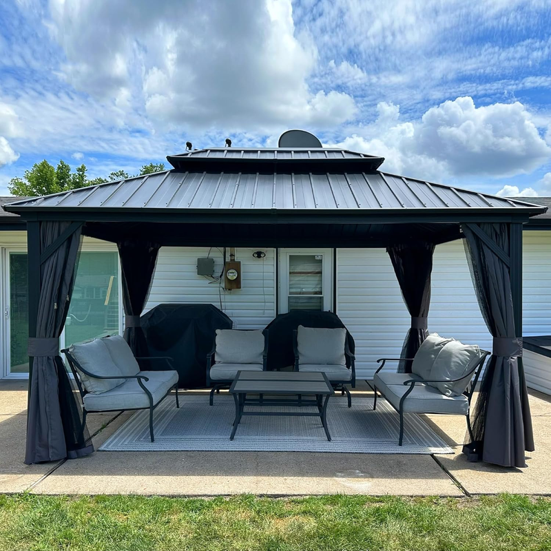 PURPLE LEAF Graues Hardtop-Pavillon mit strapazierfähigem verzinktem Stahl-Dach in Doppeldach-Ausführung mit Netz und Vorhängen