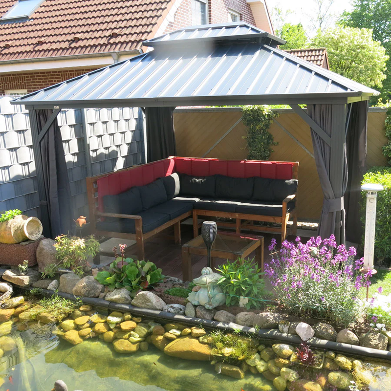 PURPLE LEAF Graues Hardtop-Pavillon mit strapazierfähigem verzinktem Stahl-Dach in Doppeldach-Ausführung mit Netz und Vorhängen